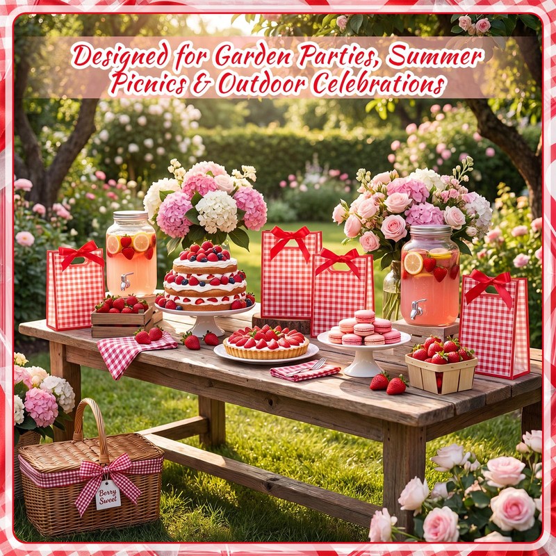 Eaasty 20 Pcs Red Gingham Gift Bags with Bow 10.23
