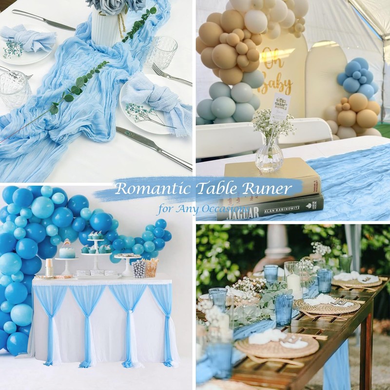 3 Pack Baby Blue Table Runner Boho Gauze Cheesecloth Table