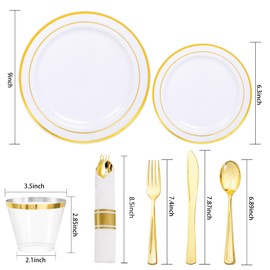 WDF Partyware 350Piece Gold Plastic Dinnerware Set for 50 Guests - Gold Plastic Plates with Disposable Cutlery Include:50Dinner Plates-50Dessert Plates-50Pre Rolled Napkins with Gold Silverware