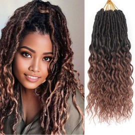 Ombre Brown Pre-Looped Deep Faux Locs Crochet Hair for Black Women 8 Packs 12 Inch Goddess Locs Hair With Deep Wave Curly Ends Prelooped Synthetic Crochet Braids,Lightweight& Natural Look(12",T1B/30#)