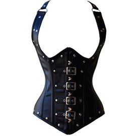 Leather Corset Steampunk Black Studs & Goth Style Buckle Closure Waist Trainer Steel Boned Underbust Strap Corset (US, Alpha, 5X-Large, Regular, Regular, Genuine Leather)