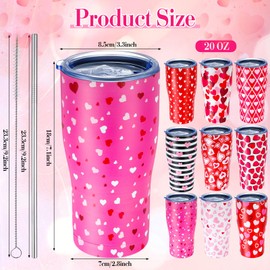 Hushee 9 Pcs Valentine's Day Gift 20 oz Tumbler with Lid and Straw Heart Love Print Double Wall Vacuum Insulated Cup Stainless Steel Travel Mugs for Hot and Cold Drink Valentine Gifts