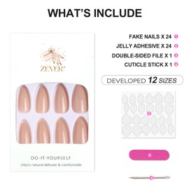 Nude Press on Nails Almond Shaped, French Tip Medium Square Glossy Stick on Nails Natural Full Cover False Nails Acrylic, Glue on Nails False Nail Set 24Pcs
