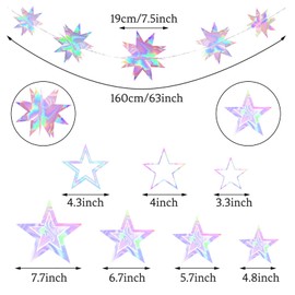 Fumwase Iridescent Star Party Decoration 3D Star Decorations Hanging Paper Garland Holographic Twinkle Little Stars Garlands for Christmas Graduation New Year Birthday Bachelorette (Iridescent)