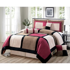 Grand Linen Oversize Burgundy/Brown/Black Comforter Set Micro Suede Patchwork Bed in A Bag (California) Cal King Size Bedding