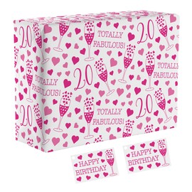 Hunts England - 1 Sheet Of 20th Birthday Fabulous Fun Wrapping Paper For Her - Includes 2 Gift Tags - Age 20 Female Folded Gift Wrap - Still Totally Fabulous Collection - Age Twenty Gift Wrap