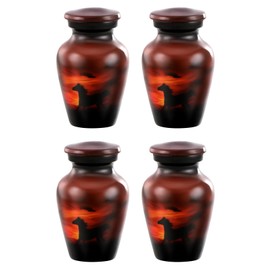 Forever URNS Mini Cremation Funeral Urn with Printed Running Horse Theme for Human Ashes of Female & Male | 3 cu in | Set of 4 | Small | Brown | Completely Handcrafted with Velvet Protection Box