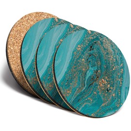 Destination Vinyl ltd 4 x Round MDF Turquoise Marble Effect Drink Glossy Coasters Teal Gold Ink Art #15196