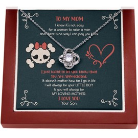 Skull Mom Thank You Pendant Necklace, Son To Mom Jewelry With Message Card, Mother's Day Appreciation Message Present for My Mom From Children Mahogany Style Luxury Box (w/LED) - Love Knot