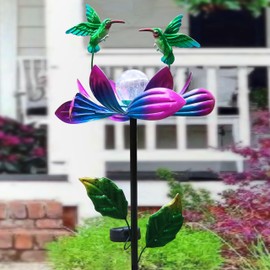 Qobumy Solar Hummingbird Wind Spinners,Metal Solar Lotus Flower Path Lights Garden Stake,Windmill LED Color-Changing Globe Yard Art Decoration, Lawn Decor Outdoor Wind Sculpture for Patio,Balcony,Yard