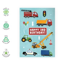 CENTRAL 23 Colorful Third Birthday Card for Boys - Happy 3rd Birthday - Age 3 - Three Year Old - Truck and Car Greeting Card - Fun Vehicle Themed Card for Kids - Son, Grandson, Toddler