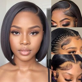 RMOARIWR Bob Wig Human Hair 180% Density 13x4 HD Transparent Lace Front Wigs Human Hair Pre Plucked Short Bob Glueless Straight Wigs Human Hair for Women Natural Black 8 Inch