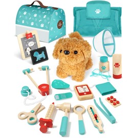 Lehoo Castle Wooden Doctor Kit for Kids, Vet Play Sets, Veterinarian Kit Pretend Play Doctor Set with Dog Bag, Medical Kits Doctor Toys Gift for Boys Girls Aged 3 4 5