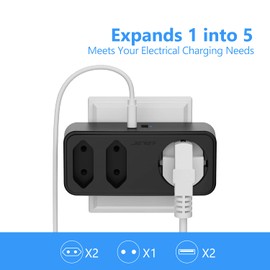 USB Steckdose,5-in-1 Steckdosenadapter JSVER Mehrfachstecker 3 Fach Steckdose(4000W) mit 2 USB Ladegerät mit Kindersicherung für Büro, Zuhause, Reisen-Schwarz