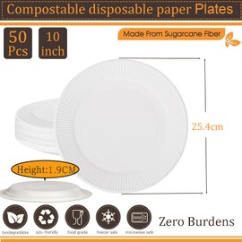 ATBEAMEN Strength Disposable Bagasse Sugarcane Plates - Eco-Friendly, Biodegradable and Compostable-10inch-White-H50p