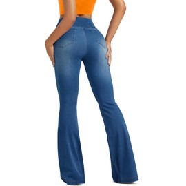 FUNUCA Knit Stretchy Jean Leggings for Women with Crossover High Waisted Bell Bottom Yoga Pants Flare Leggings with Pockets Dark Blue