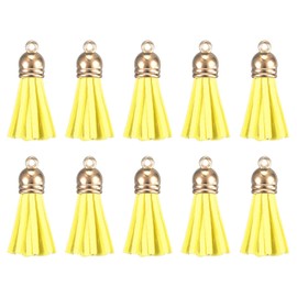 HARFINGTON 50Pcs Leather Tassel Keychain Charm Bulk with Cap for Pendant Bracelet Jewelry Making DIY Craft Decoration(1.46 Inch), Yellow
