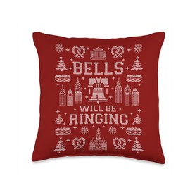 VINTAGE RETRO PHILADELPHIA PHILLY THROWBACK GIFTS Bells Will BE Ringing Philly Fan Philadelphia Ugly Christmas Throw Pillow, 16x16, Multicolor