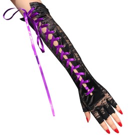 Prosy Black Lace-up Fingerless Gloves Long Elbow Gloves for Costume Party Lacing Arm Warmer for Women and Girls, purple