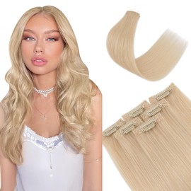TESS Clip in Extensions Echthaar 6stk 44g, 6 Clip in Haarverlängerung Echthaar Extensions Remy Extensions45cm 60R# Weiß Blond