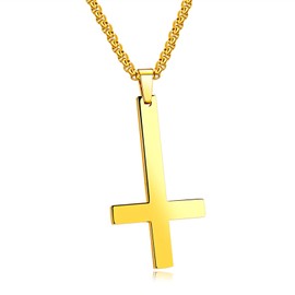 Pitmmord Fashion Simple Cross Necklace Stainless Steel Upside Down Cross Pendant Necklace(Gold)