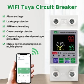 DewinLVD Circuit Breaker Electricity Meter, WiFi Circuit Breaker Hat Rail Tuya App Intelligent Measurement Reconnection with Leakage Protection 63AC 2P