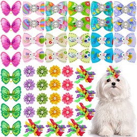 MTLEE 50 PCS Bows for Dogs Dog Bows Rubber Bands Dog Hair Bows Fruit Summer Star Puppy Butterfly Topknot Faux Rhinestone Pearl Girl Yorkie Accessories for Labor Day (Cute Color,Vivid Pattern)