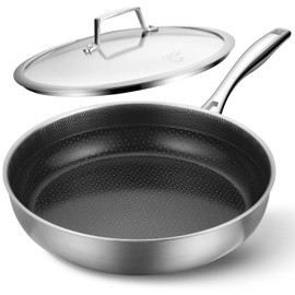 PekGema Hybird Nonstick Frying Pan with Lid 12 inch, Stainless Steel Skillet, Ceramic Non-stick Oven-Safe Chef Pan, Induction Ready, PFOA PFAS FREE Cookware