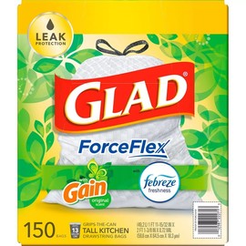 GLAD ForceFlex Tall Kitchen Drawstring White Trash Bags, Gain Original Scent with Febreze Freshness (13 gal, 150 ct.)