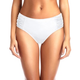 Tempt Me - Parte inferior de bikini para mujer, cintura media, traje de baño fruncido, Blanco, Large