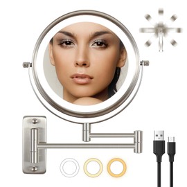 Kiavox Lighted Makeup Mirror Wall Mounted, 8 Inch 1X/10X Magnifying Mirror with 3 Colors Dimmable Modes Extended Arm 360° Swivel, Rechargable Wall Mounted Makeup Vanity Mirror with Lights (Nickel)