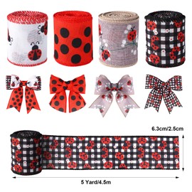 Tinoaly 4 Rolls Ladybug Ribbon, 20 Yards Summer Spring Red Black and White Polka Dot Wired Ribbon for Gift Wrapping DIY Crafts Wreath Bow Making Sewing Floral Arrangements Home Party Decorations