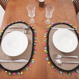 VIV CHERBL Boho Woven Placemats Set of 4, Heat-Resistant Non-Slip Oval Table Mats with Tassels for Spring, Holiday Decor, Farmhouse Kitchen & Dining Party