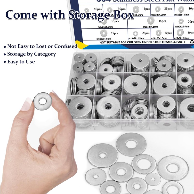 ZQZ 290Pcs Flat Washers, 304 Stainless Steel Fender Washers Assortment,
