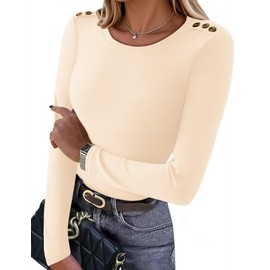 LOMON Tight Long Sleeve Shirts for Women Crew Neck Fitted Tops Thermal Undershirts Layering Tee with Button Decor,Apricot S