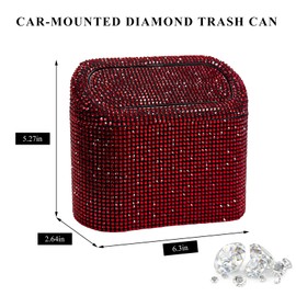 NYTKL Bling Car Trash Can with Lid, Sparkly Mini Crystal Litter Container Auto Hanging Dustbin, Leakproof Plastic Trash Bin Rhinestone Garbage Storage Organizer for Car Home Office (Red)