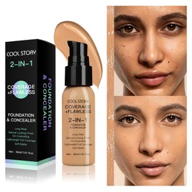 2-in-1 Foundation and Concealer Long Wear Natural Matte Finish Lightweight Coverage (Warm Tan)