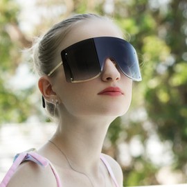 Kepoita Fashion Oversized Sunglasses for Women Flat Top Futuristic Shield Large Cover Visor Eyeglasses Design One Piece Goggles(Gradient powder)