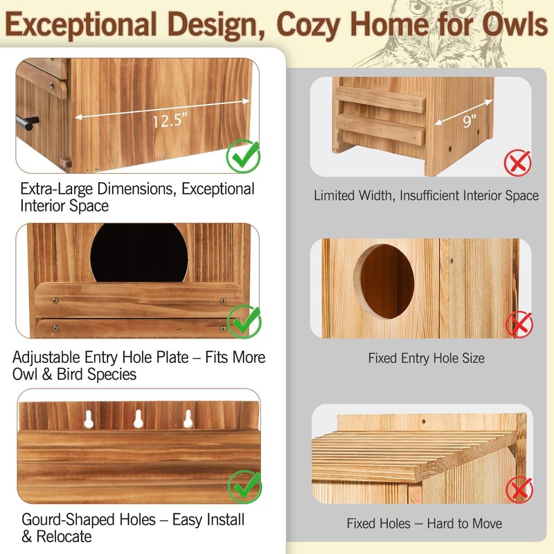 Large Owl Houses for Outdoors, 17" x 12.5" x 12.5"
