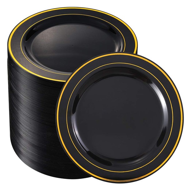 bUCLA 100Pieces Black and Gold Plastic Plates Disposable - 7.5inch Disposable Salad/Dessert Plates with Gold Rim - Ideal for Wedding&Party