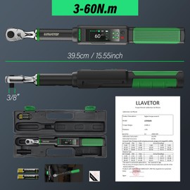LLAVETOR Digital Torque Wrench, 3/8 Torque Wrench, 2.2-44.3 Ft-lbs/3-60 N.m, ±2％ Torque Wrench with Buzzer & LED Indicator for Automotive Motorcycle & Bicycle