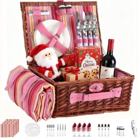 YPshuye Picnic Basket Set for 4 with Waterproof Blanket Mat Insulation Bag Wicker Pink Stripe Classic Fresh Gift for Christmas Thanksgiving Wedding Birthday Camp Outdoor Beach Travel