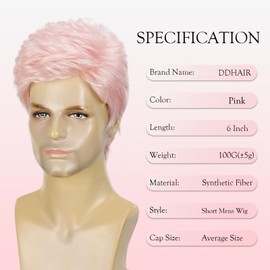 Short Pink Wig for Men, Light Pink Synthetic Halloween Wig