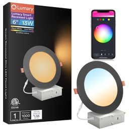 Lumary Black Smart Recessed Lighting 6 Inch, Color Changing LED Recessed Lights with J-Box 13W 1000LM, Dimmable Canless Wafer Downlight, Compatible with Alexa/Google Assistant, ETL Listed, 1 Pack