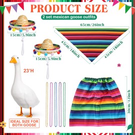 Jeere 2 Set Mexican Porch Goose Outfits for Cement Goose 23"/ 17'' Statue, Including 2 Mexican Straw Hats, Triangle Bandana, Elastic Skirt, and 5 Necklaces for Party Yard Outdoor Decor