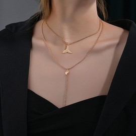 Yienate Boho Layered Mermaid Tail Necklace Gold Fishtail Y Necklace Whale Dolphin Tail Pendant Necklaces Tassel Pearl Pendant Necklaces Multilayer Summer Beach for Women
