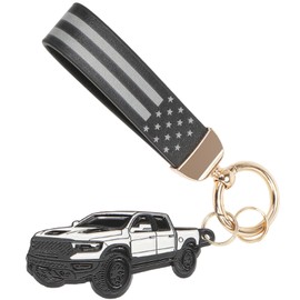 hrabykt Ram 1500 2500 3500 Keychain with American Leather Flag Metal Keychain Ram 1500 2500 3500 Accessories
