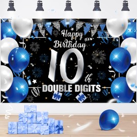 Blue Black Silver 10th Birthday Decorations for Boys Double Digits Happy 10th Birthday Banner Backdrop Large 10 Ten Years Old Birthday Photography Background Party Supplies, 71" X 43"