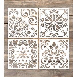 GSS Designs Pack of 4 Stencils Set (6x6 Inch) Laser Cut Painting Stencil Floor Wall Tile Fabric Wood Stencils -Reusable Template (SL-006)