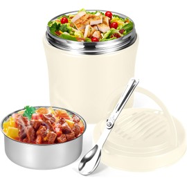 Bibykivn Thermal Food Container - 1200 ml Stainless Steel Heat Retaining Container with Spoon, Thermal Bowl with Lid, Leak-Proof Heat Container for Soups, Yogurt, Porridge (White, 1200 ml)